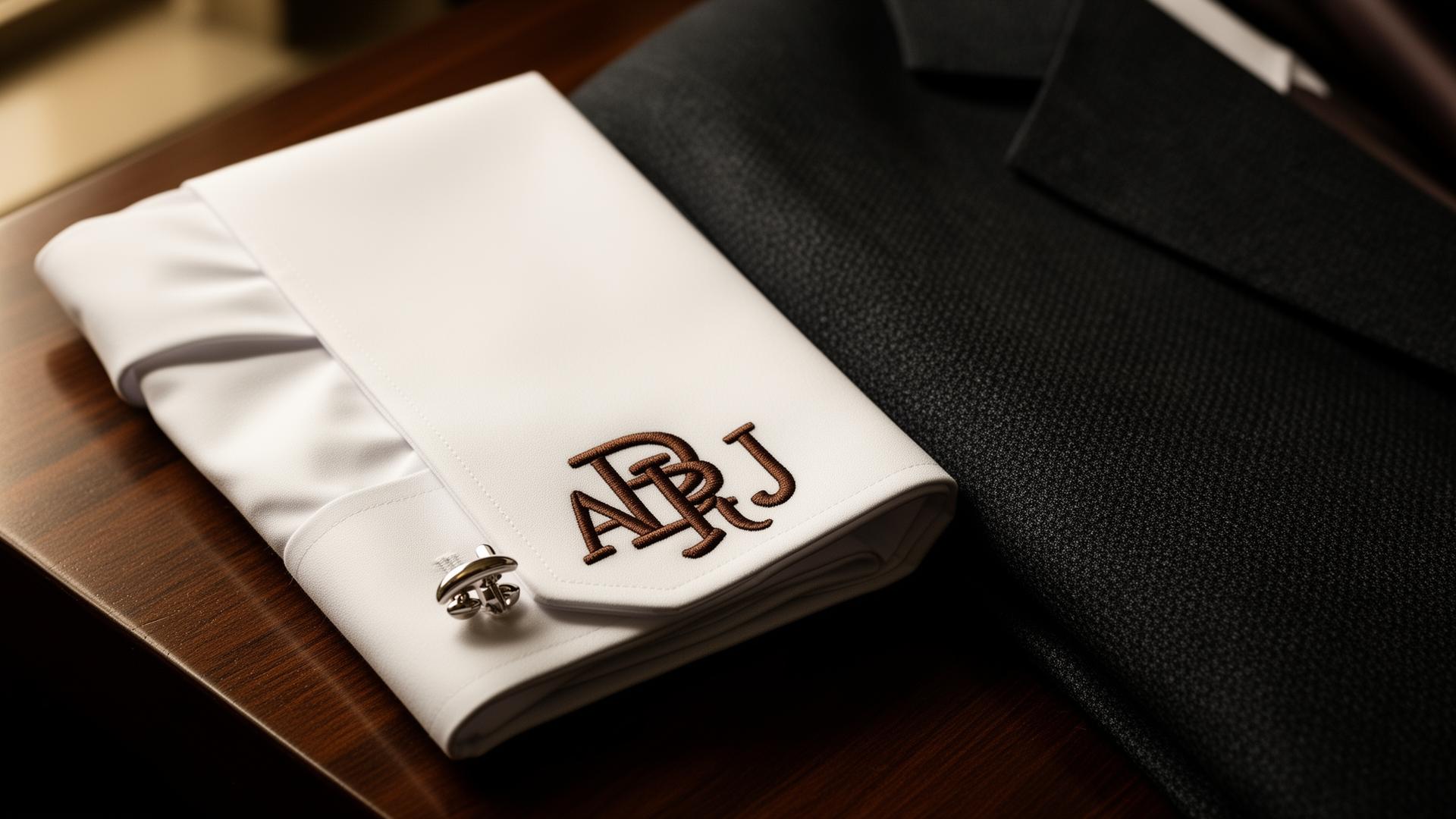 White French cuff dress shirt and bespoke suit with chocolate brown embroidered monogram